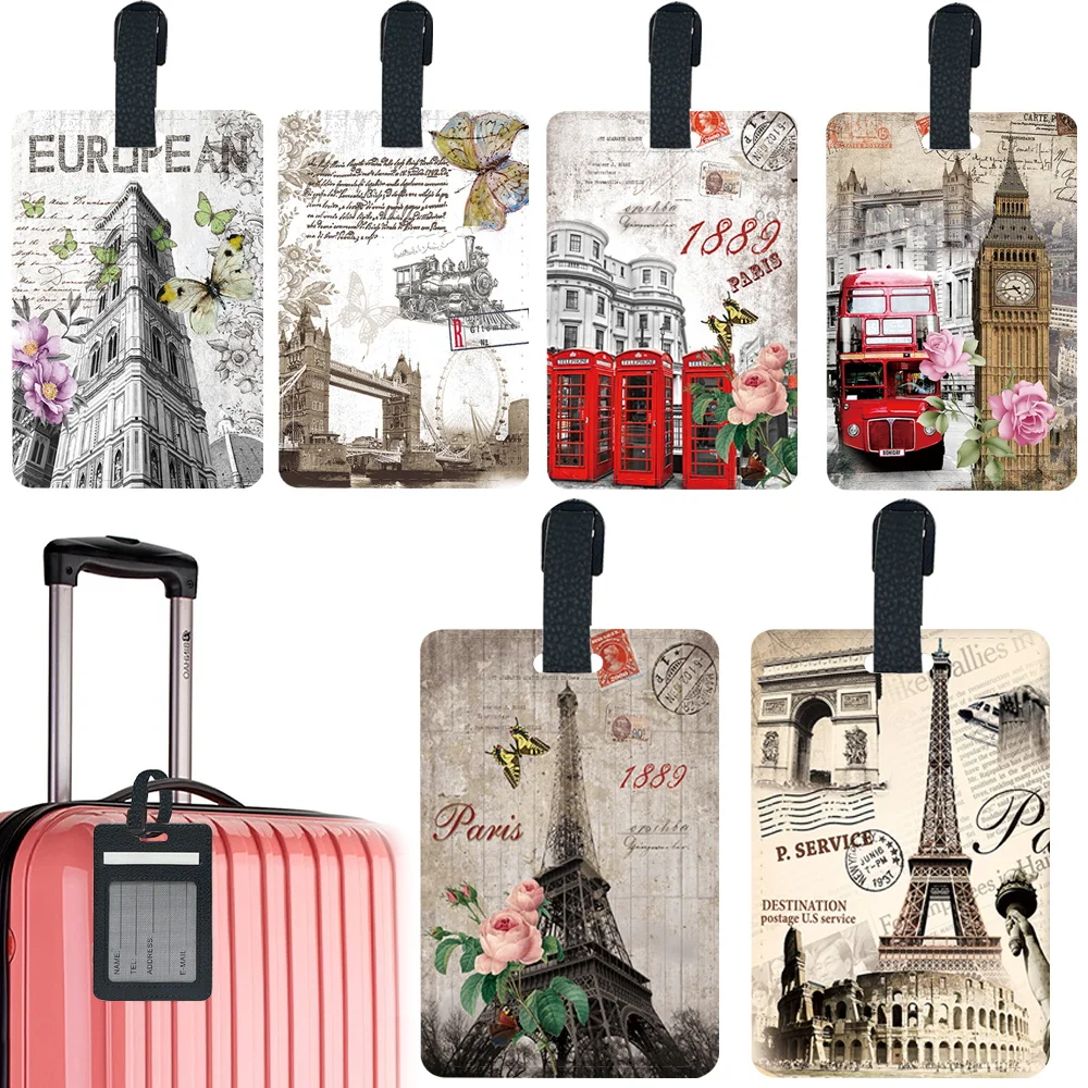 Personalized Luggage Boarding Pass Pu Fashion Baggage Boarding Tag Portable Luggage Tag Holder ID Name Address Retro Pattern