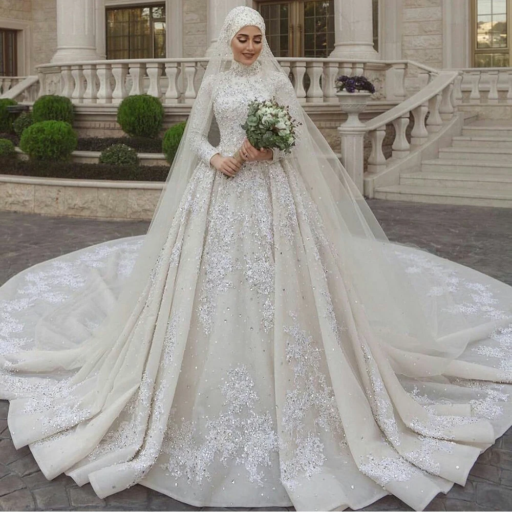 

STEVDITG Luxury Pearls Crystal Wedding Dress Fashion High Neck Long Sleeves Appliques Beading Chapel Train Ball Gown Bride Dress