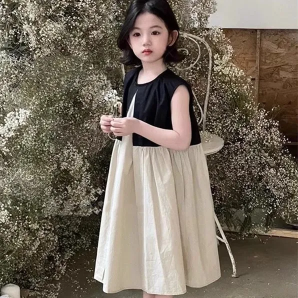 

Girl's Skirt 2026 Summer Dress New Fashion and Beautiful Kids Outwear Comfortable Black and Beige Dress