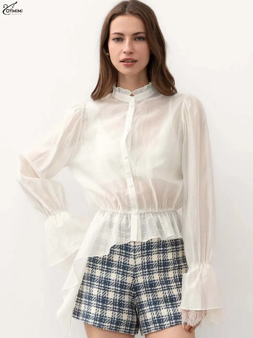 

Oymimi Fashion Beige Lace Woman Blouses Summer New O-Neck Long Sleeve Translucent Shirts Casual Asymmetrical Button Female Shits