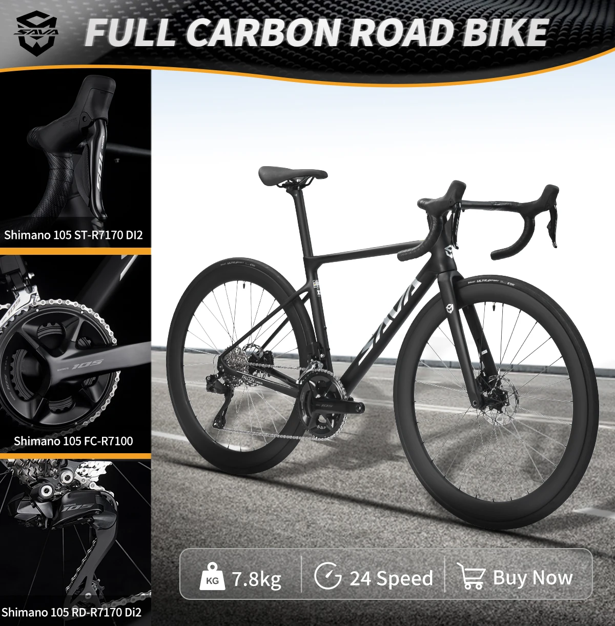 

SAVA Full Carbon Fiber Electronic Shift Road Bike, Ultra Light 7.8kg, with SHIMAN0 105 ST-R7170 Kit Race Class Road Bike