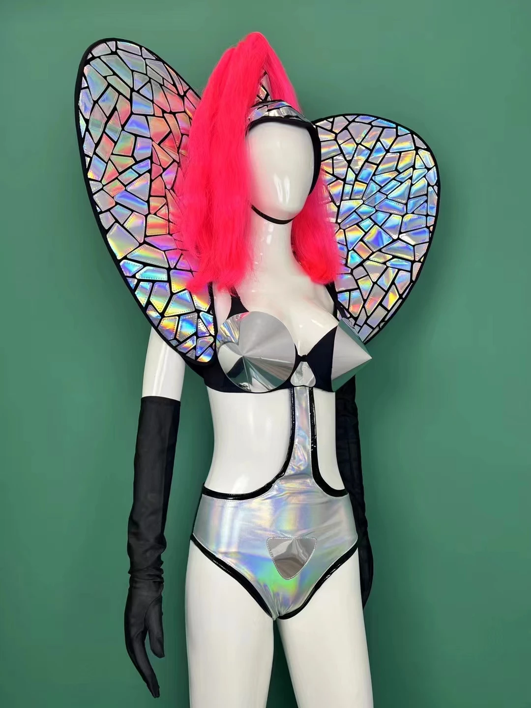 Strój do baru, klubu nocnego, dla kobiet, zespołu gogo, kostium, srebrny laserowy kombinezon z efektem lustra, nakrycie głowy z oświetleniem, strój rave dla piosenkarki, tancerki, na scenę