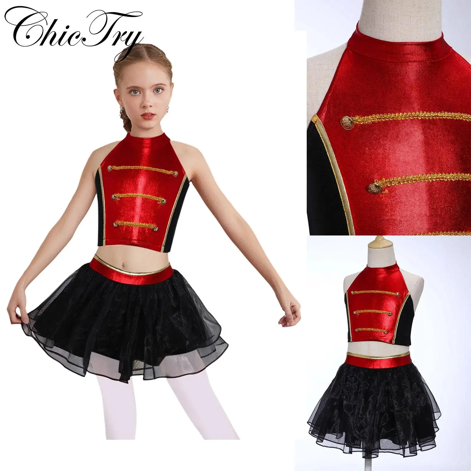 

Kids Girls Circus Ringmaster Costume Halloween Cosplay Sets Halter Chest Buttons Gold Top with Puffy Skirt Carnival Dress Up
