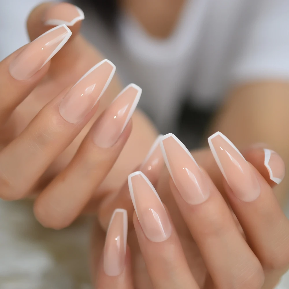 EchiQ Everlasting French Nails White Fashion Designed Extra Long Ballerina Shaped Fake Nails Nude Salon Quality Tips