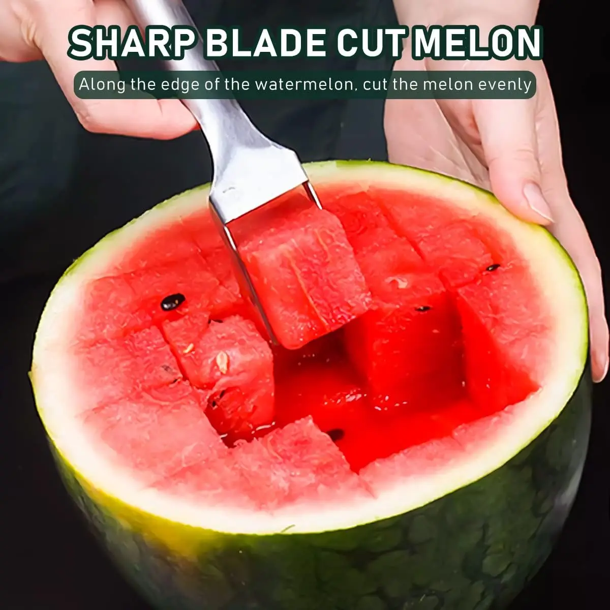 2 In 1 Watermelon Forks Slicer Multi-purpose Stainless Steel Fruit Cutter Knife Melon Cube Cutting Ruler Tool Kitchen Gadget