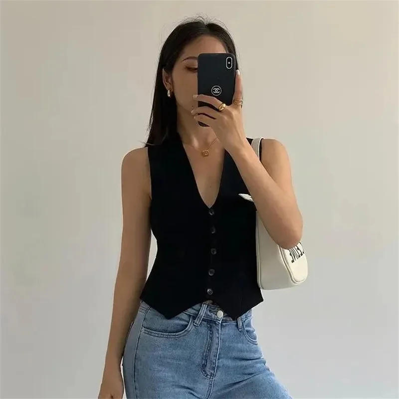 

Women Blazer Vest 2024 Summer New Black V-neck Cardigan Vest women's Sleeveless Top Lady Sleeveless Jacket Fashion Waistcoat