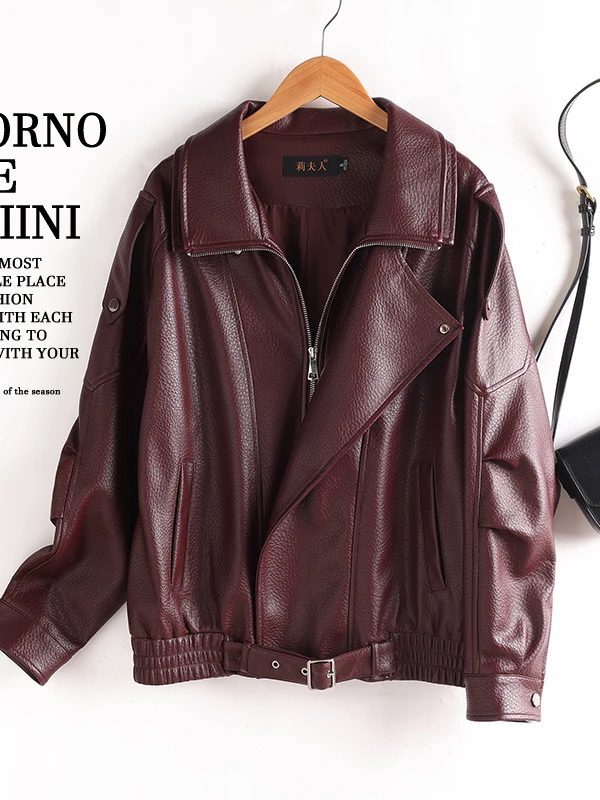 

Ladies' Genuine eepskin Leather Jaet Loose Fit Cool Motorcycle Sle Outerwear Trendy Faux Fur Collar Zipper Closure