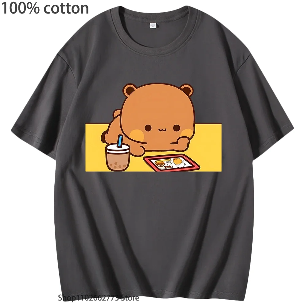 Kawaii mignon Dudu est contemplant Bubu photo T-Shirts Panda ours graphique chemise femmes t-shirt 100% coton T-Shirts d'été haut à col rond