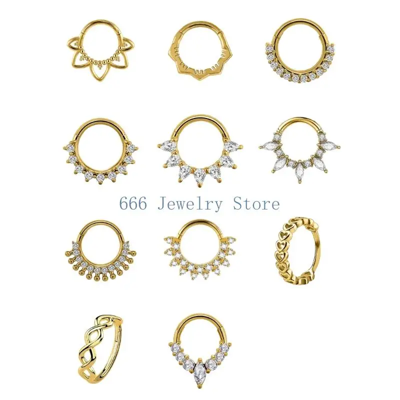 

F2TD Elegant Crystal Septum Ring Stainless Steel Nose Clickers for Ear Piercing Fashionable Ear Cartilage Hoop Body Jewelry