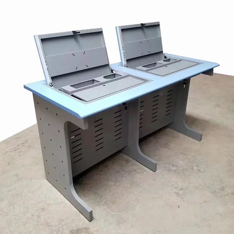 Embedded steel - wood flip multimedia classroom computer desk, single/double - seat school training table