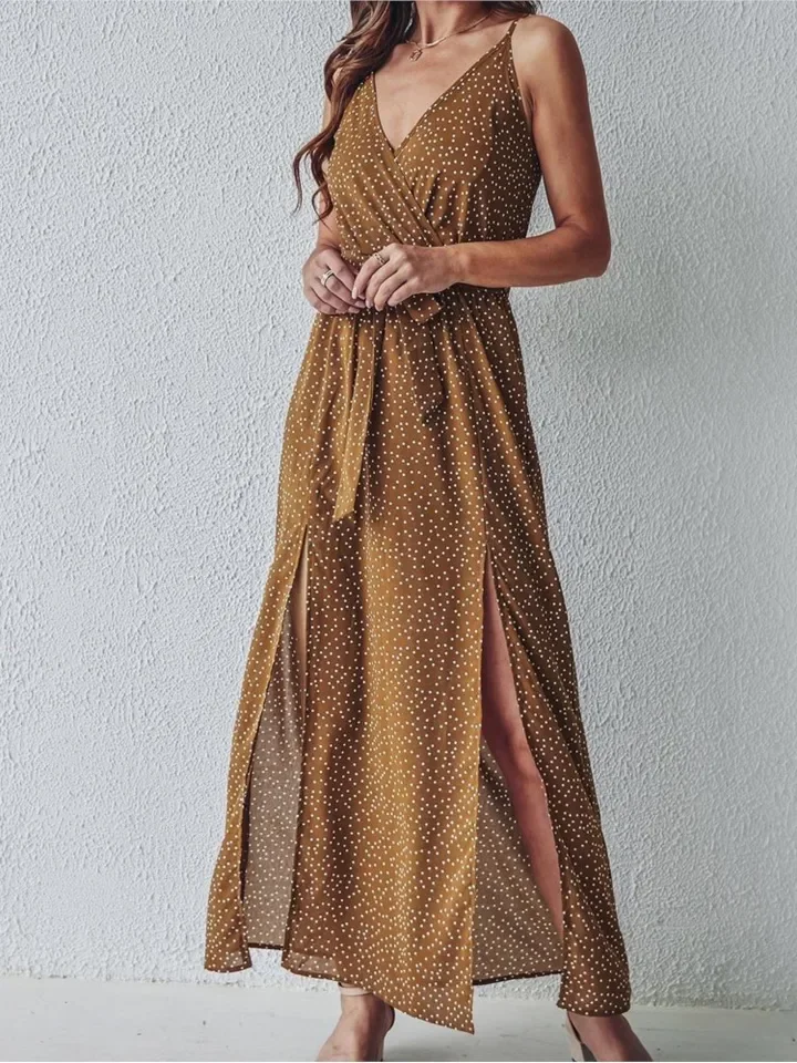 فستان نسائي مطبوع برقبة على شكل V فساتين عطلة الشاطئ بوهو غير رسمية رداء نسائي موضة بدون أكمام وظهر مكشوف فساتين فضفاضة للسيدات صيف جديد
