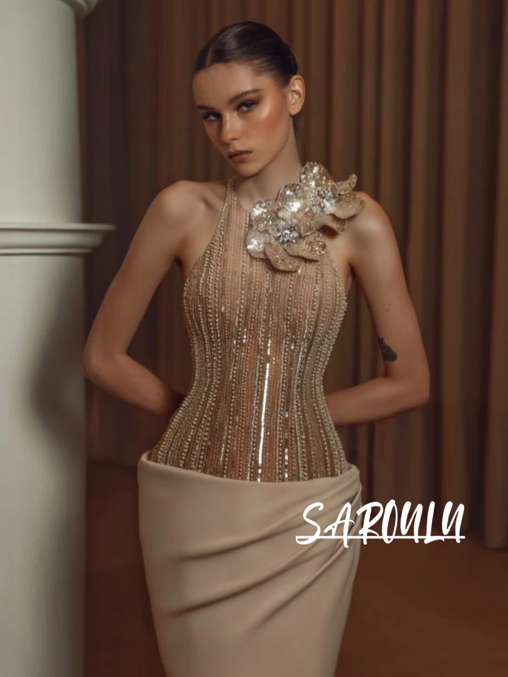 

Chic Flowers Design Pearls Evening Dress Elegant Mermaid Shimmering Prom Gown Customized Sleeveless Stylish Cocktail Wear