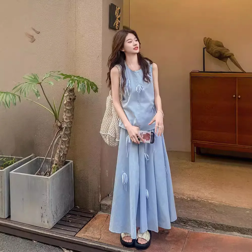 

Fashion Women's Set Spring/Summer Bow Vest+High Waist Skirt A-line Dress Temperament Two Piece Set