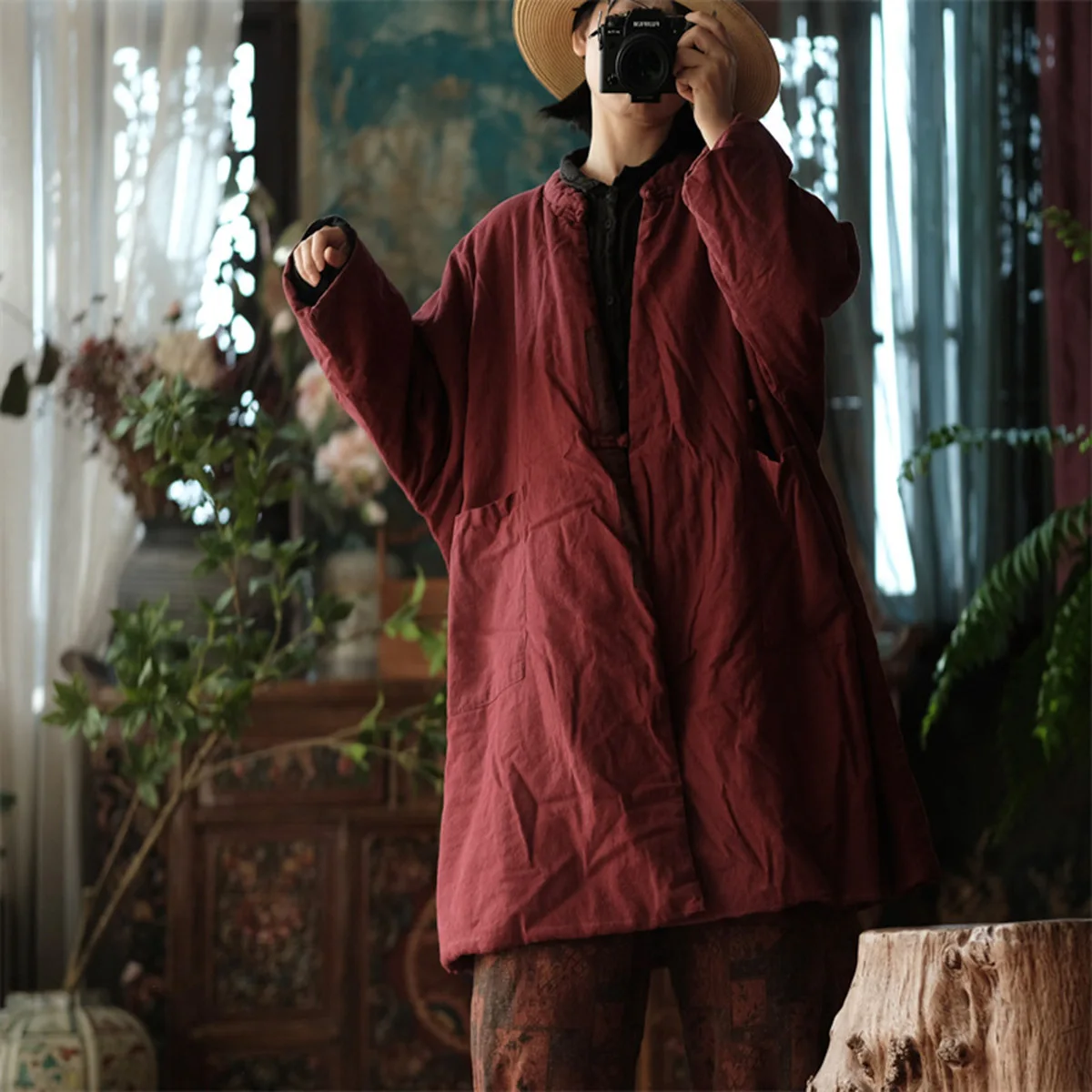 

Womens Vintage Frog Button Cotton-Linen Kimono Jacket Winter Soft Quilted Solid-Color Loose Mid-length Outwear Coat With Pockets