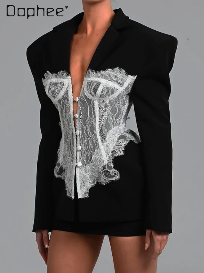 

Temperament Lace Splicing Suit 2025 Spring New High-end Fashion Single-breasted Slim Suit Jacket Women Personality Tide Coats
