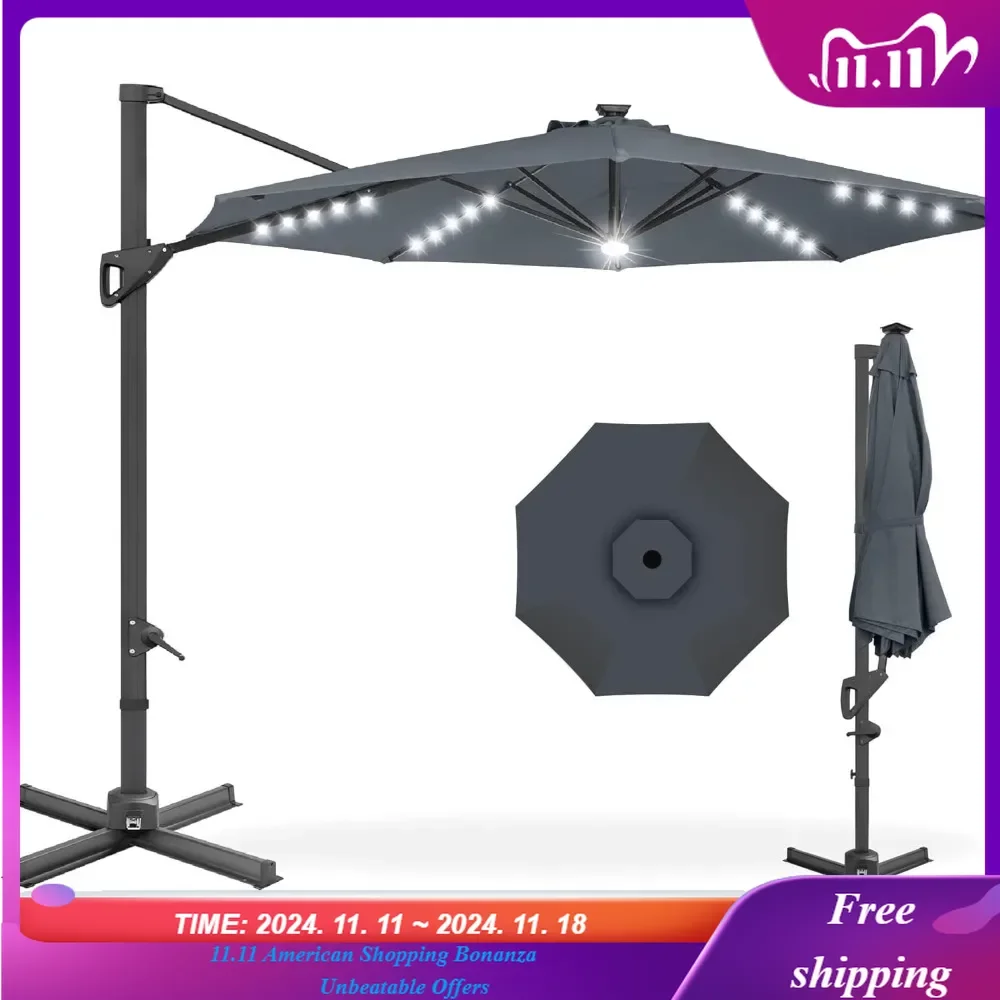 

10ft Solar LED Cantilever Patio Umbrella, 360-Degree Rotation Hanging Offset Market Outdoor Sun Shade for Backyard, Deck