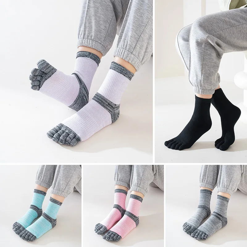 5 Pairs Woman Mid-tube Sport Hiking Socks with Toes Cotton Sweat-absorbing Breathable Trekking Run 5 Finger Sock Four Seasons