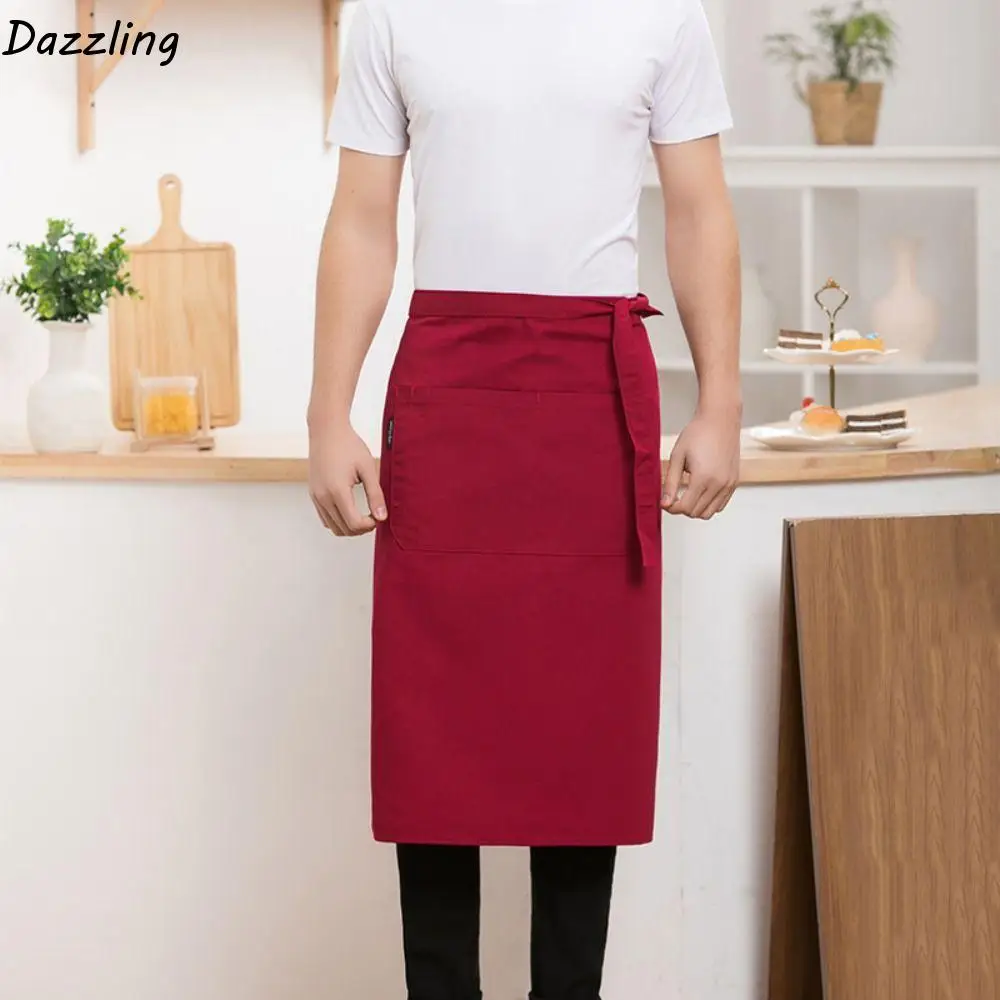 Antifouling Halve Schort Vetersluiting Ontwerp Effen Kleur Ober Taille Schort met Zakken Verstelbare Huishoudelijke Werkschort Hotel