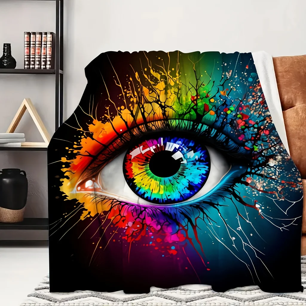 1pc Rainbow Glowing Human Eye Art Print Flannel Blanket, Soft and All-season Usable, Suitable for Blankets, Kid Bed Covers, Livi