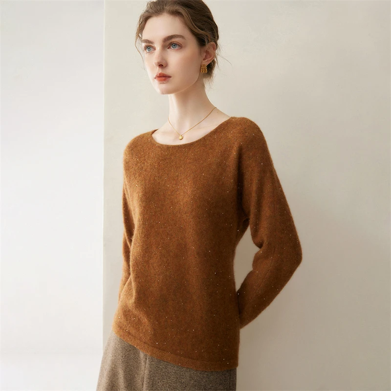 Women's Cashmere Blend Knitwear Low round Neck Glitter Loose Slimming Soft Stylish Base Layer Sweater for Layering