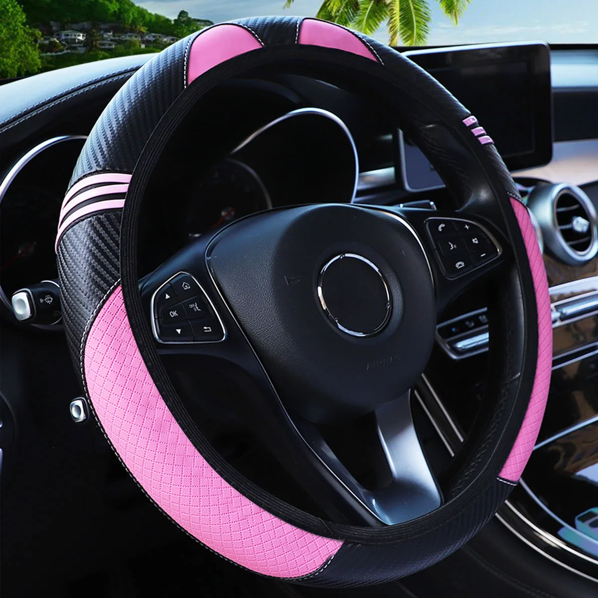 PU Leather Little Monster Steering Wheel Cover, Rimless Car Decoration Item, Elastic Fit for 14.5-15 Inch Wheels FOR CAR ACCESSI