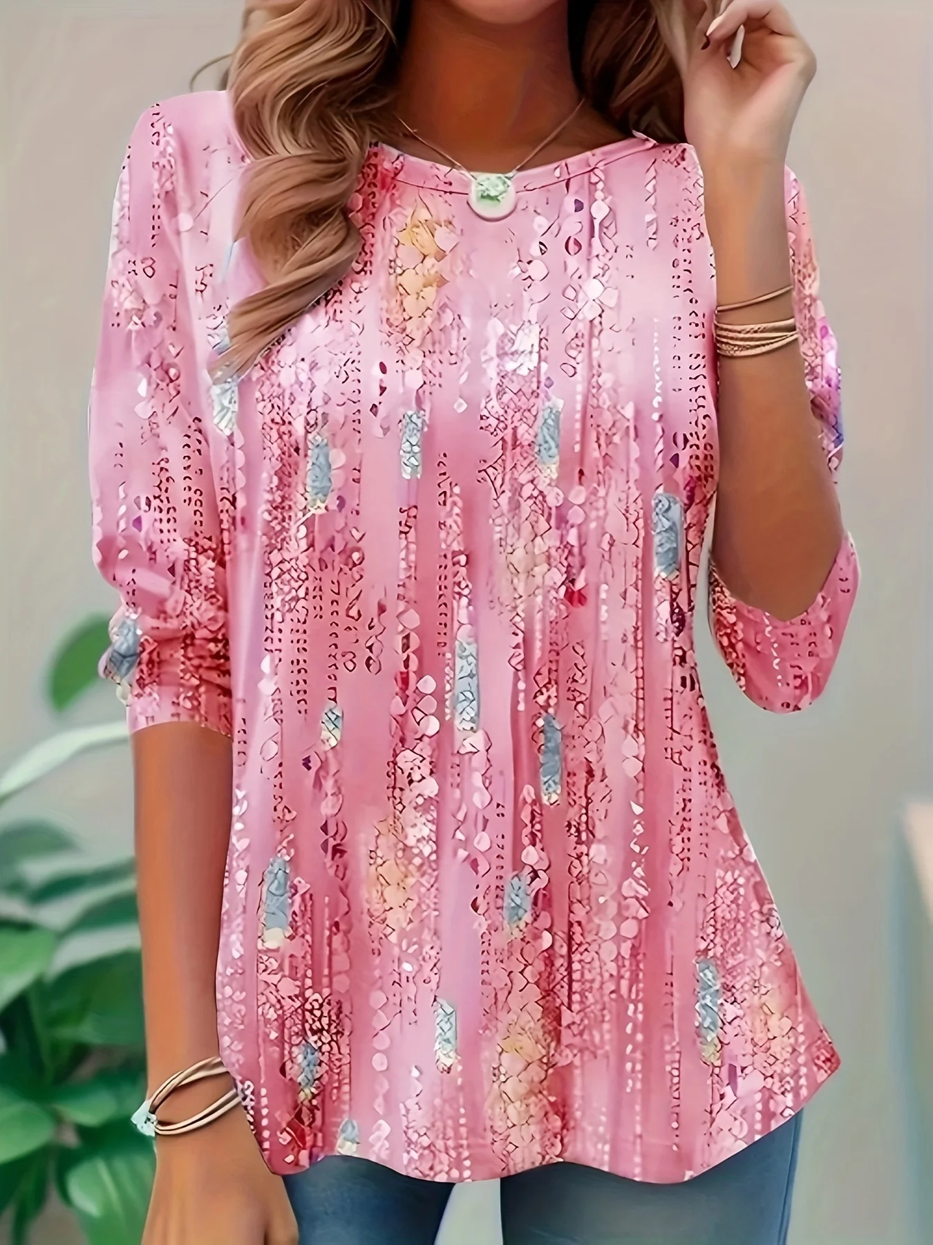 

Plus Size Women's Fashion All Over Printed T-Shirt Comfortable Long Sleeve Crew Neck Knit T-Shirt Suitable for Daily Wear