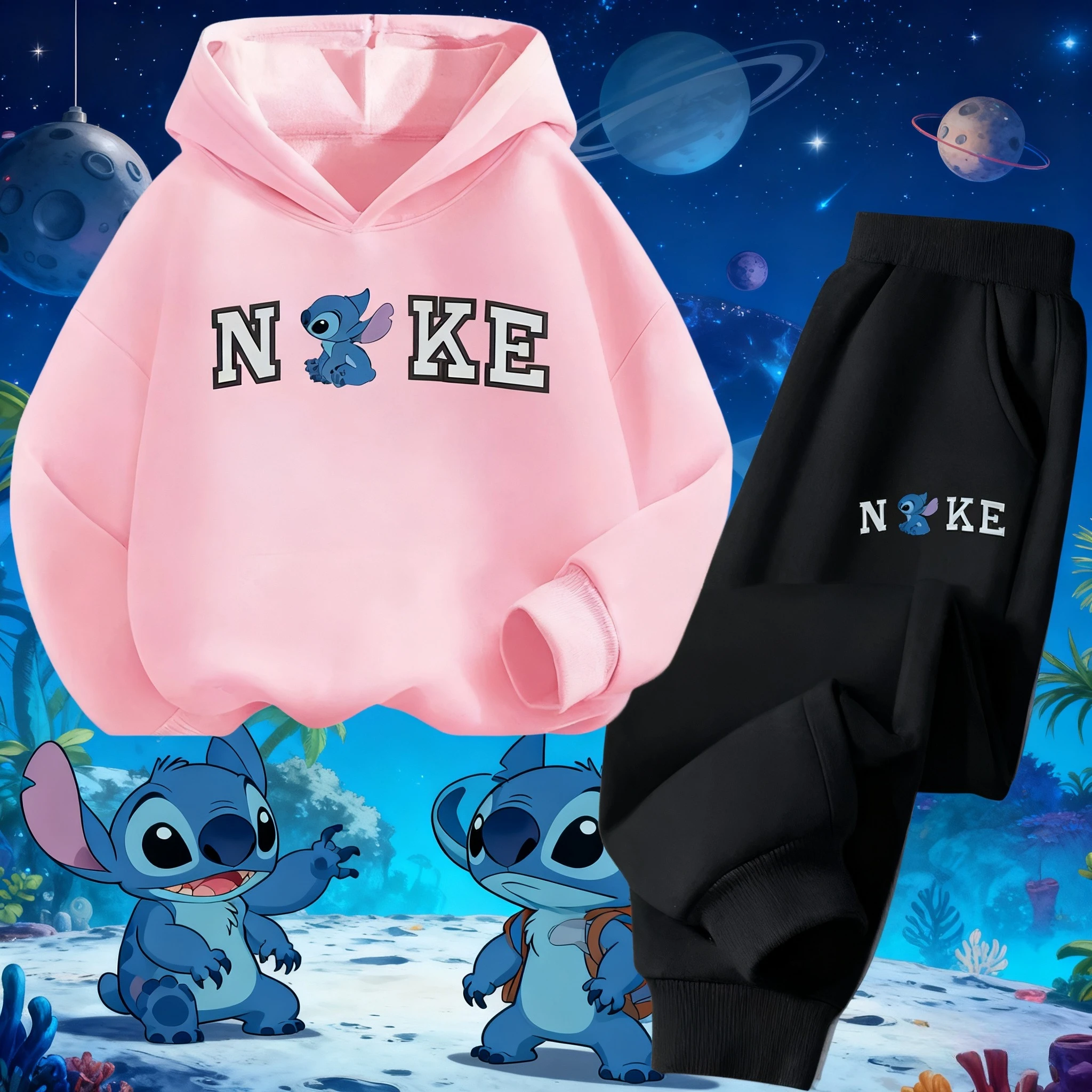 

Комплект детской одежды (худи и брюки) с принтом мультяшного Стича, осень-зима 2026, модный спортивный комплект для мальчиков и девочек