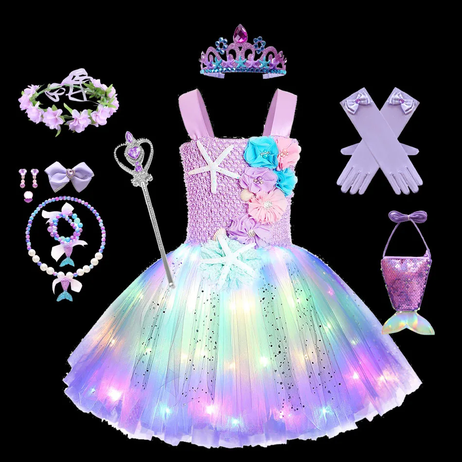 Pricness Girls Mermaid Tutu Dresses with LED Lights Sea Theme Party Starfish Ariel Cosplay Costumes Purple Ball Gown Dress