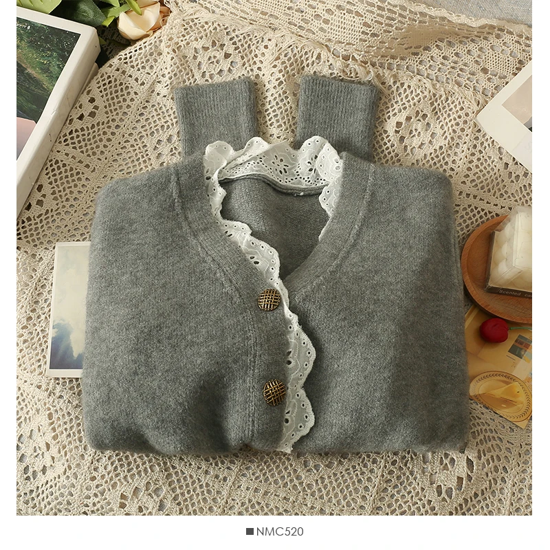 Neploe Korean Chic Gentle Splicing Lace V-Neck Knitted Cardigan 2024 Autumn Winter Sweet Temperament Long Sleeve Sweater Coats