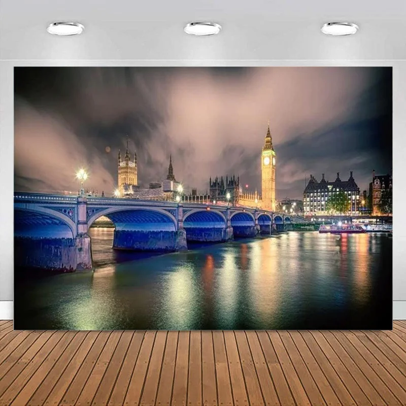 Photography Background London Bridge Big Ben Backdrop Modern City Night View Clock Tower Lights River Landmark Banner Decoration