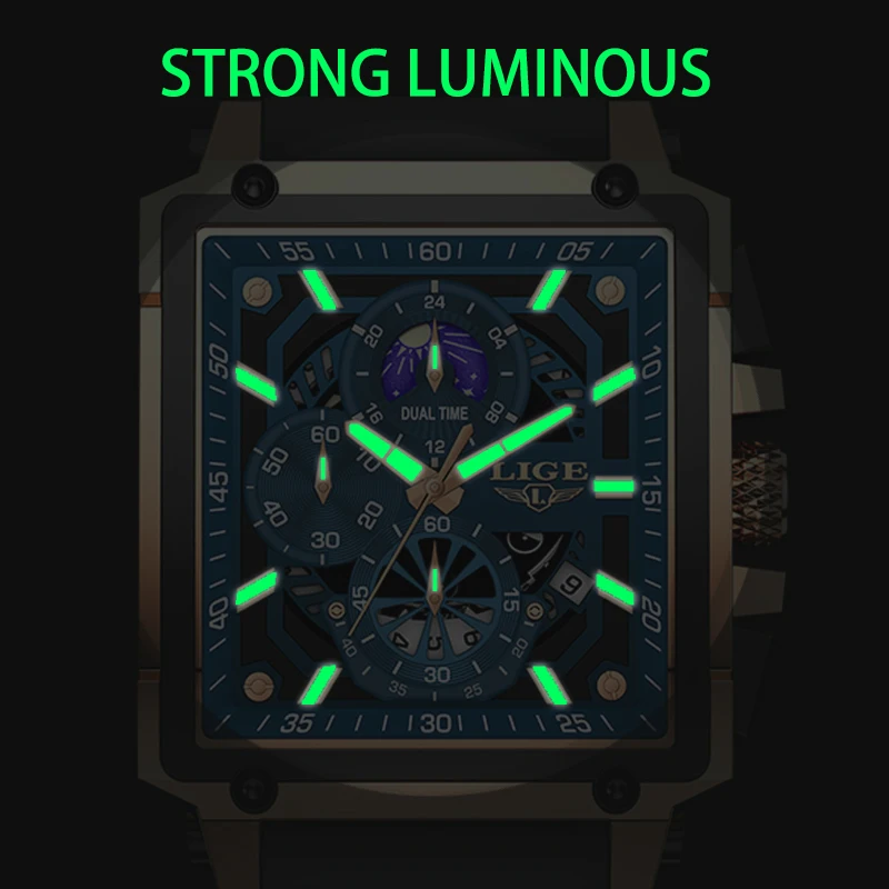 LIGE Military Mens Watch Fashion Sport Calendar Quartz Watches Men Waterproof Moon Phase Chronograph Silicone Strap Man Watch
