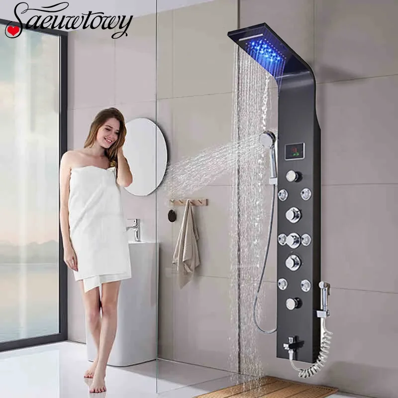 Wall Mount Black Shower Panel Shower Column  LED Waterfall Shower Faucet Set With Bidet Sprayer Massage Temperature Display