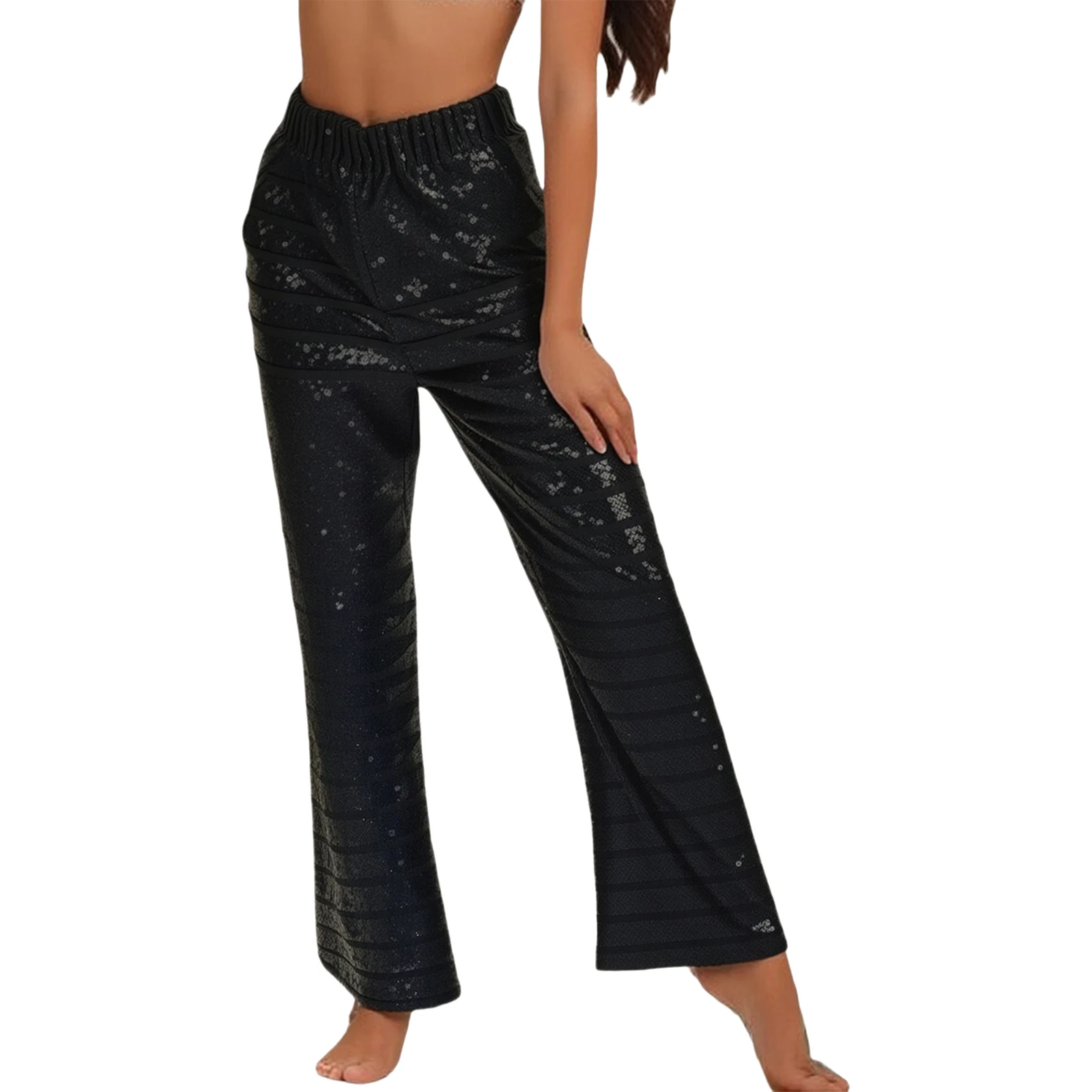 

Womens Shiny Sequin Jazz Dance Flared Pants Gradient Sequin Elastic Waist Wide Leg Pants Dancewear for Latin Tango Ballroom