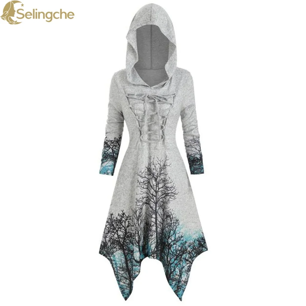 

Plus Size Tree Print Lace Up Long Sleeved Hooded Irregular Dress Halloween Popular Cosplay Costume