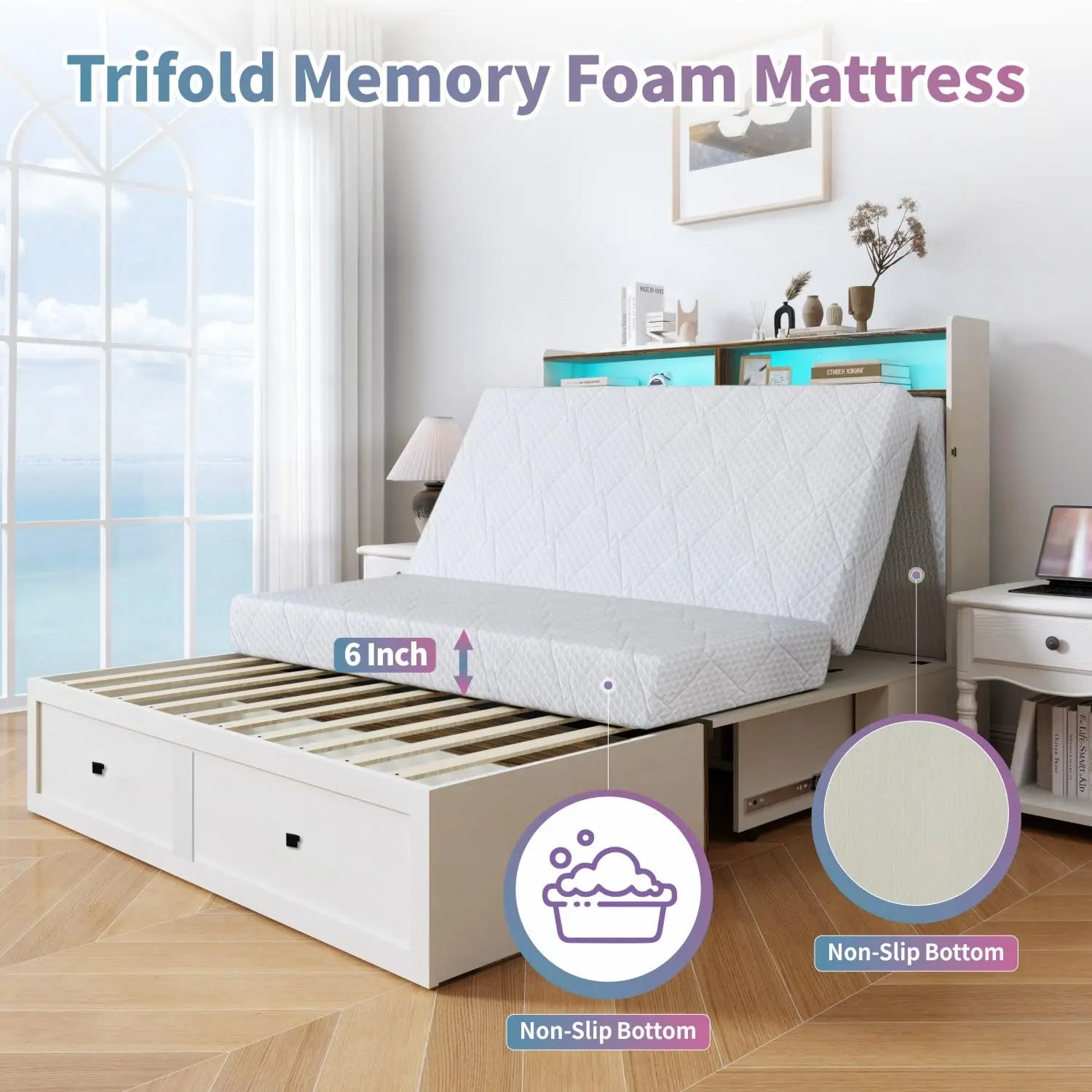 Murphy Wall Bed with Mattress LED Lights Storage Queen, Customized view 5