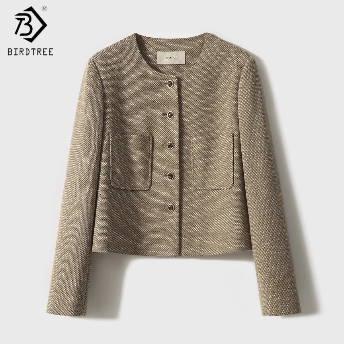 

BirdTree, полушерстяное хлопковое пальто, женские однобортные топы с круглым вырезом, однотонное пальто в французском стиле, осень-зима 2025 T5O519JF