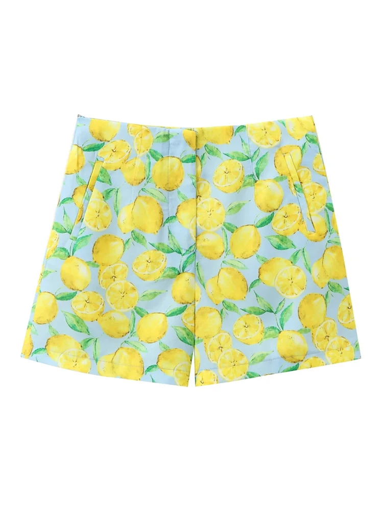 

Women's 2024 Summer Beach Style Fashion Lemon Print Yellow Short Pants Female Casual Zipper Fly High Waist Linen Blend Shorts