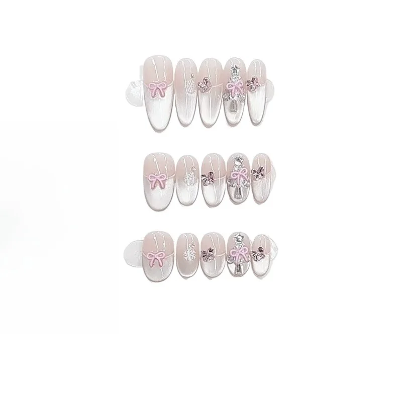 

Pure handmade phototherapy wearing nail pink ice through Christmas cat's eye finished product reuse nail patch removable