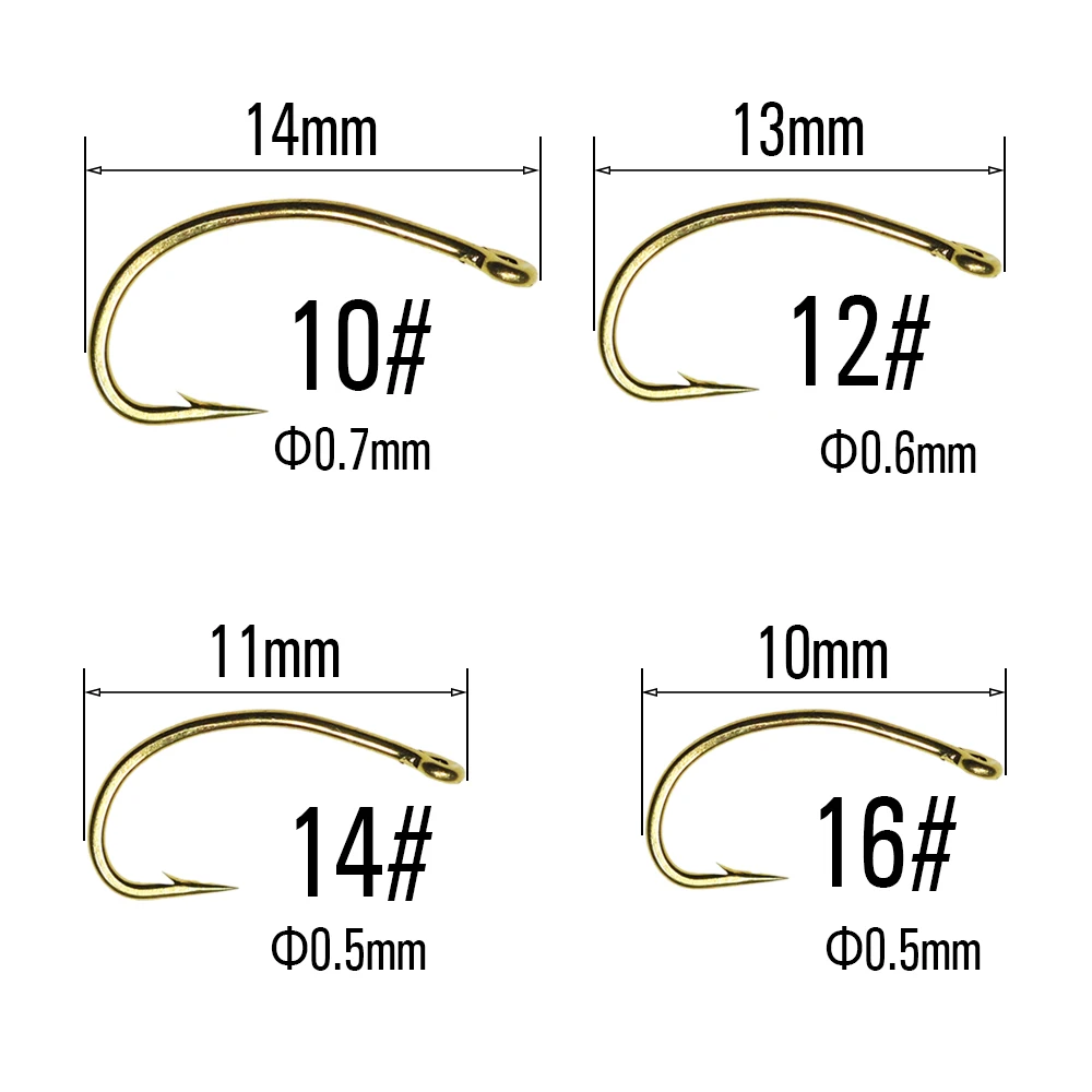 200PCS Gold Color Fly Hook Nymph Scud Midge Caddis Shrimp Fly Tying Hook #10 #12 #14 #16 Fly Fishing Hook