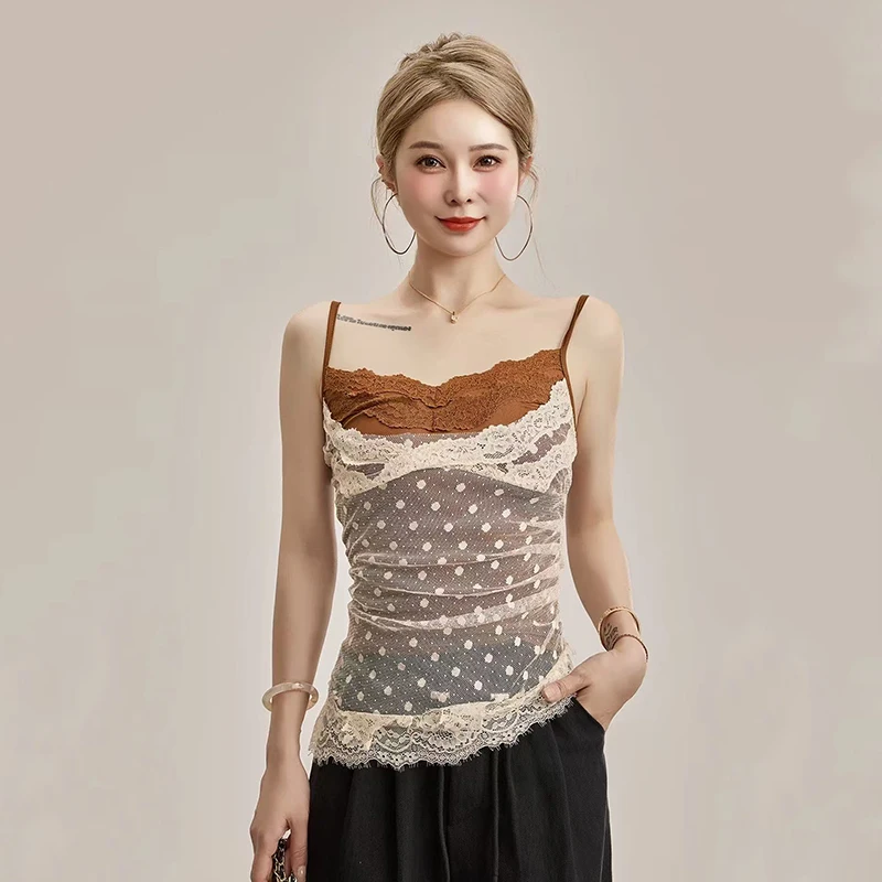 

Lace Patchwork Fake 2 Piece Women Camis Summer Sexy Spaghetti Straps Backless Slim Tops Y2K Korean Chic Polka Dot Casual Tank