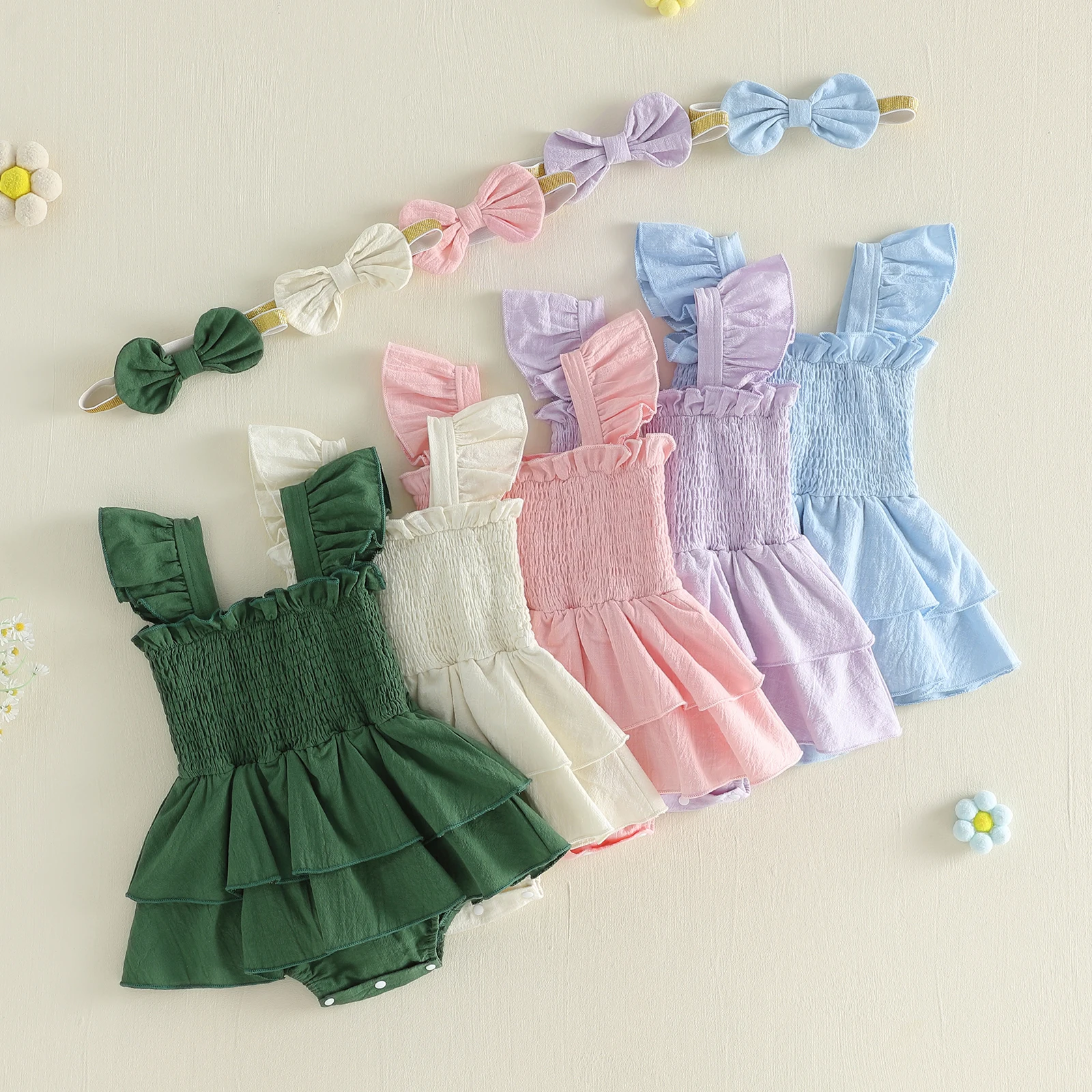 

Платье-комбинезон для новорожденных девочек 0-18 месяцев, однотонный многослойный комбинезон с рукавами-крылышками и повязкой на голову с бантом, комплект из 2 предметов, летняя повседневная одежда