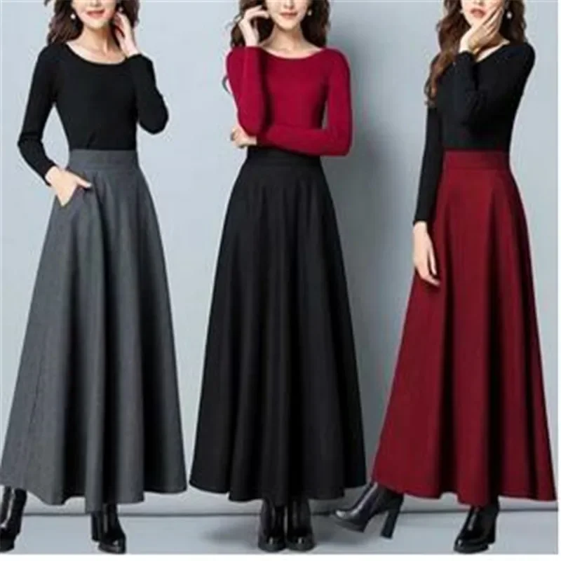 Winter Women Long Woolen Skirt Fashion High Waist Basic Wool Skirts Female Casual Thick Warm Elastic A-Line Maxi Skirts O8399