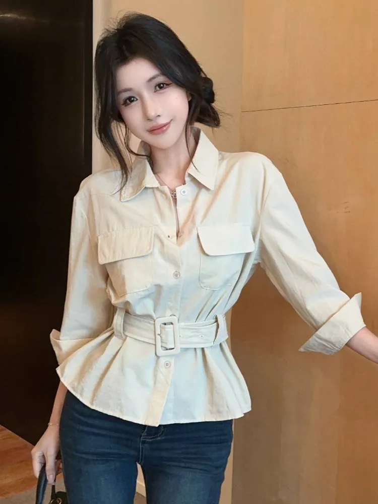 

Pure Desire Spicy Girl Design Double Pocket Long Sleeve Shirt Women's Autumn New Style Retro Casual Versatile Belted Top