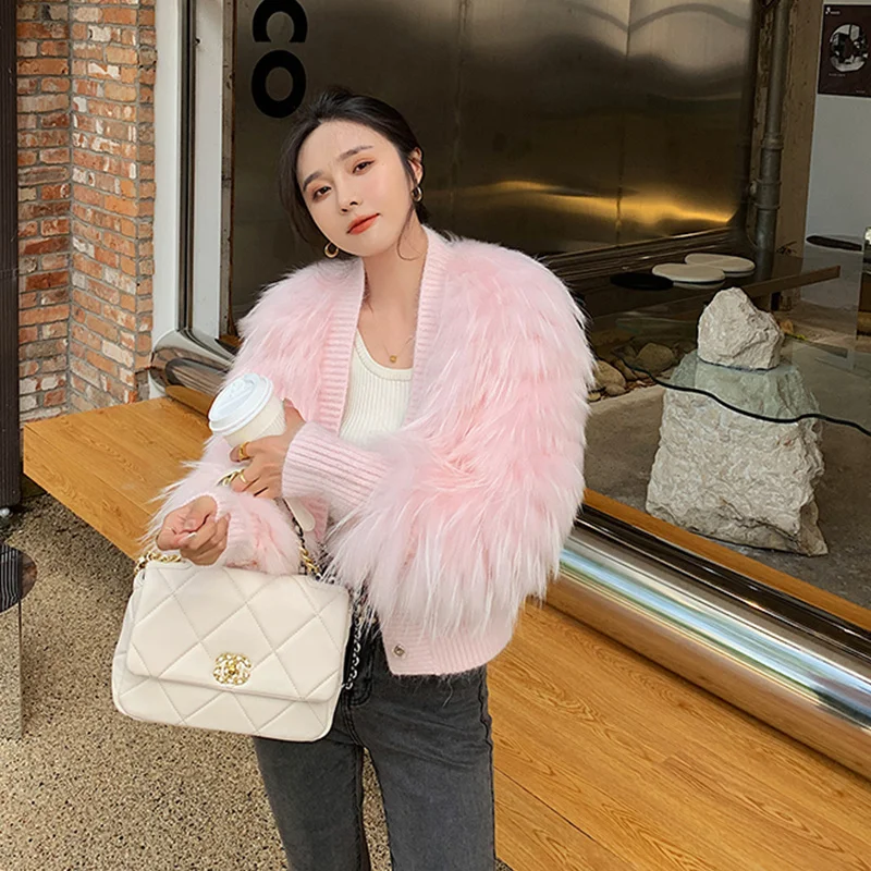 Coat Raccoon dog Women Fur Winter Casual Bow Decoration Single Breasted Short Natural Real Fur Knitting Female Jackets