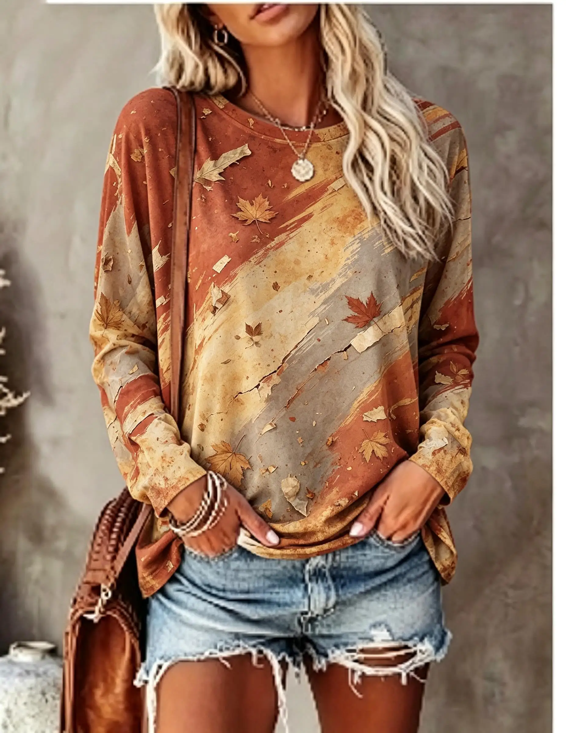 Women Long Sleeve T Shirt Boho Vintage Sun Face Brush Stroke Tie Dye Print Crew Neck Fall Tops
