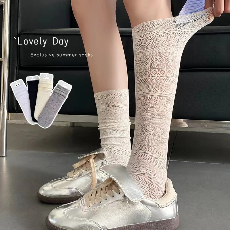 1/4 Pairs Women Lace Trimmed Knee High Socks Summer Hollow out Design Lightweight Breathable Soft Comfortable Casual Socks