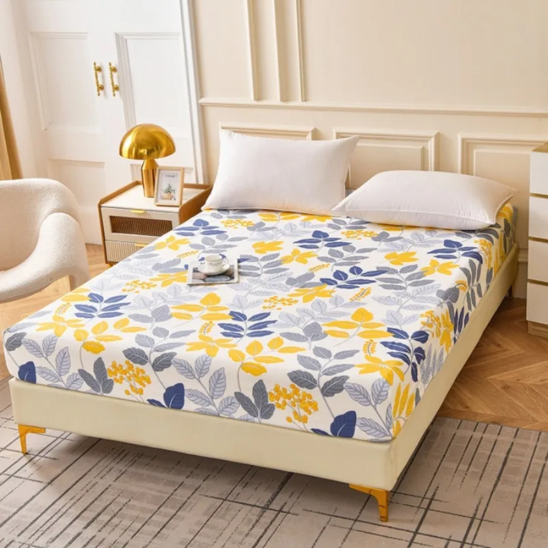 3PC Floral Fitted Sheet Set, Yellow Blue Leaf Printed Bedding Set with Pillowcases,