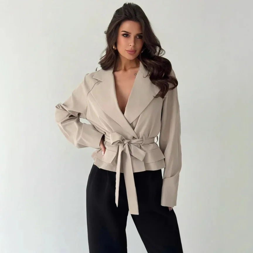 

Модный универсальный короткий плащ с поясом и длинными рукавами для женщин, весна-осень 202, новое поступление