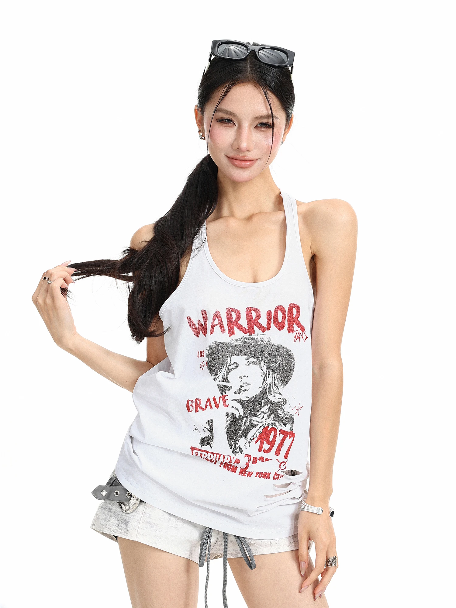 American Style Portrait Print Hole Summer Vintage Workwear Sleeveless Slimming Sexy Top Street Style Loose Fit Women's Vest