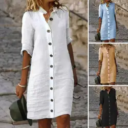 Elegant Women's Dresses 2023 Spring/Summer Cotton Hemp Short Sleeve Medium Length V-Neck Dress Lady Robe S-5XL